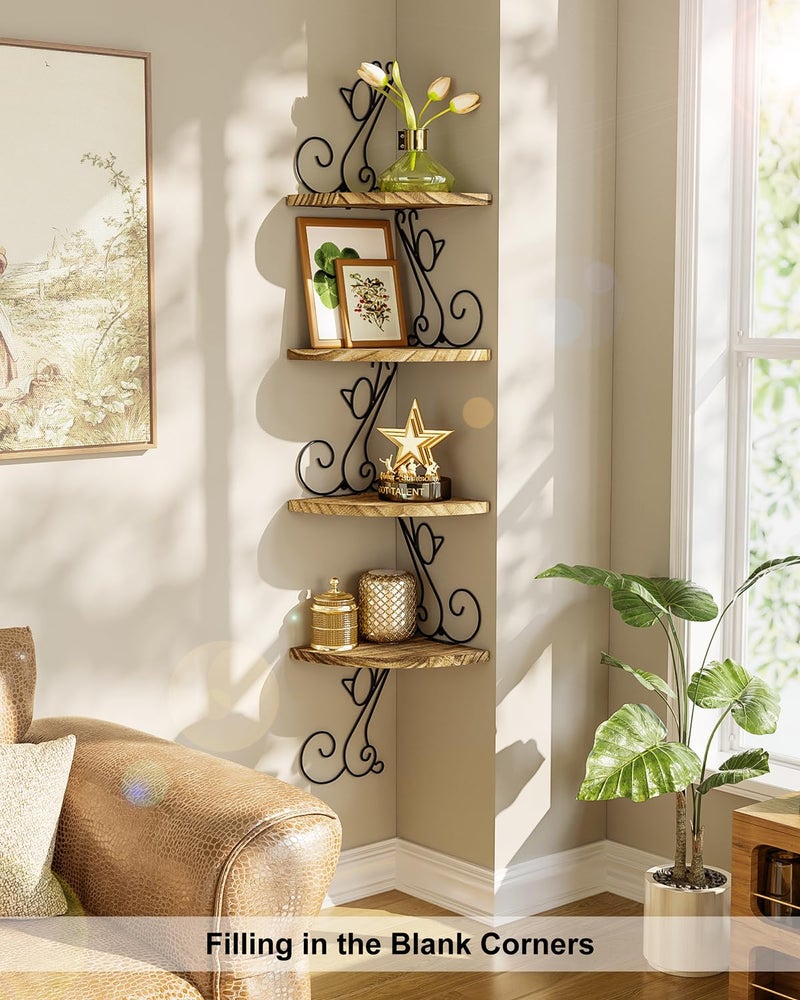 Alsonerbay Wall Mount Corner Shelves 4 Tier Floating Corner Storage Wood Shelves Decorative Rustic Radial Shelf in Cat Shape Carbonized Black - Image 2